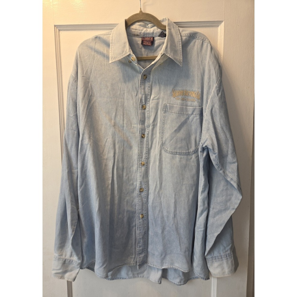 Men's Skagway Brewing Company Alaska Denim Button Down Shirt. Common Sense. XL